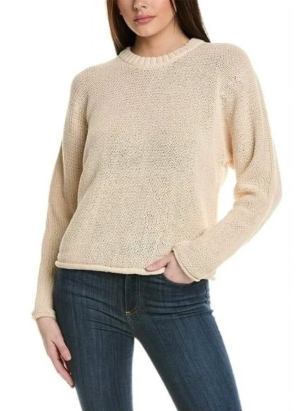 Theory | High Crew Pullover Cotton Rope Sweater Natural Beige Cream | Size Large